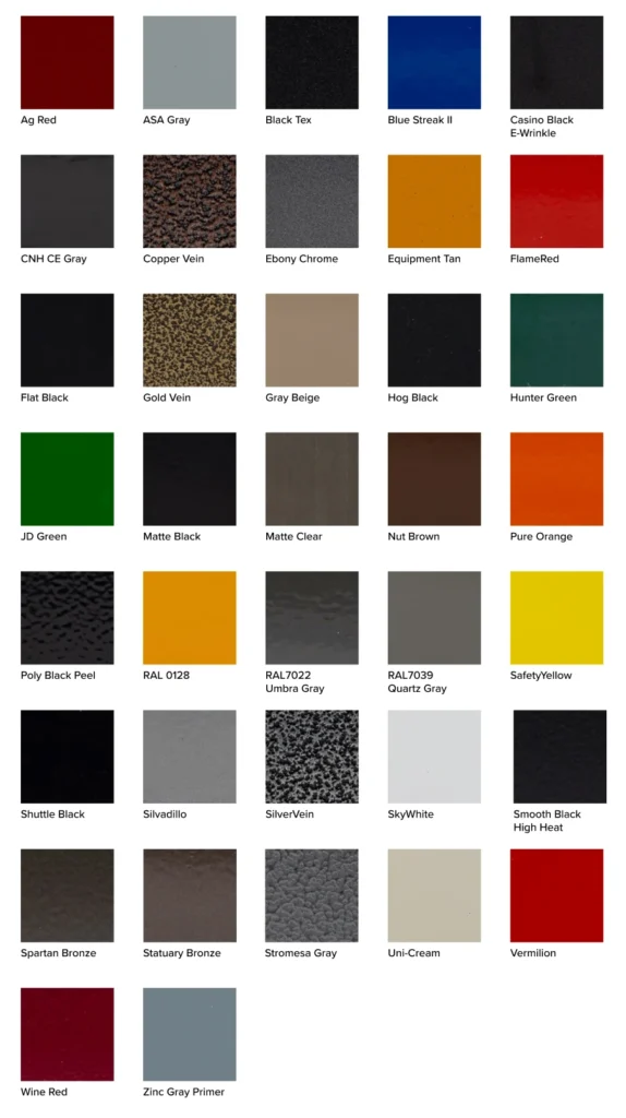 Powder coating color options for custom metal fabrication, featuring a wide selection of finishes including red, gray, black, tan, green, orange, bronze, and specialty textures offered by Mast Farm Service.