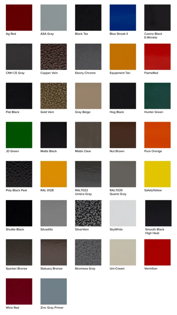 Powder coating color options for custom metal fabrication, featuring a wide selection of finishes including red, gray, black, tan, green, orange, bronze, and specialty textures offered by Mast Farm Service.